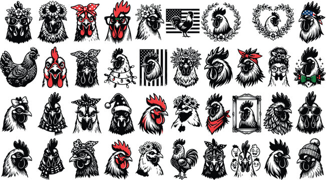 Collection of quirky rooster head portraits with diverse accessories in detailed ink illustration vector style