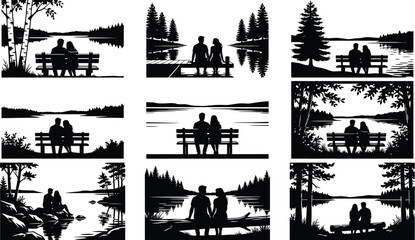 Obraz premium Couple sitting on wooden benches overlooking serene lakes and pine trees in nature silhouettes set