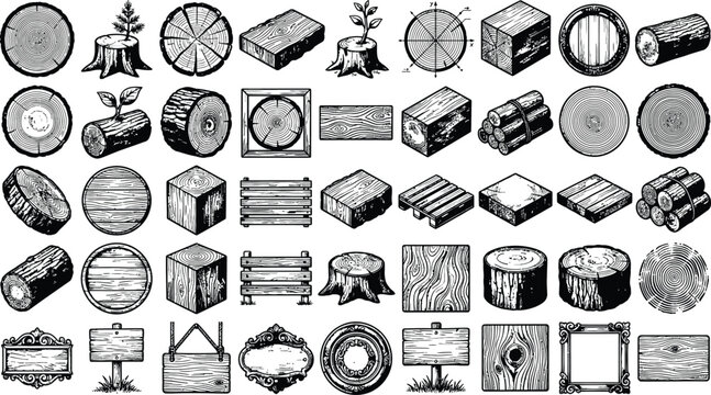 Collection of wood textures and timber elements featuring geometric shapes and rustic wooden signage boards