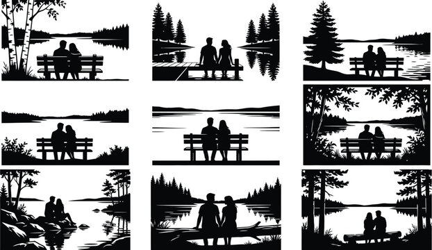 Couple sitting on wooden benches overlooking serene lakes and pine trees in nature silhouettes set