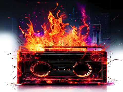 Vintage reel to reel tape recorder with colorful flames.