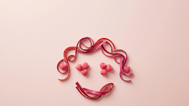 Creative face portrait made of fresh red raspberries and colorful fruit leather ribbons on pink base
