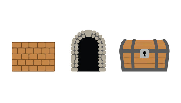 Medieval game assets featuring a brown brick wall, a dark stone archway entrance, and a wooden treasure chest for fantasy adventure level design.