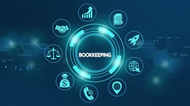 Bookkeeping automation concept with digital and data flow in blue neon accounting software financial data flow