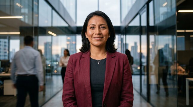 Confident businesswoman smiling in modern office hallway with blurred colleagues and city skyline visible through glass walls