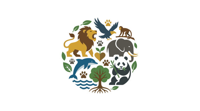 Diverse Wildlife and Nature Circle Icon: Animals, Plants, Ecosystem