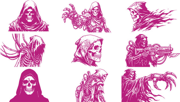 Graphic collection of futuristic cyborg skeletons with robotic parts and hooded cloaks for sci fi projects