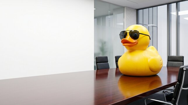 Surreal giant yellow rubber duck wearing sunglasses sitting on a boardroom table in a modern corporate office with massive copy space.