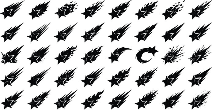 Grunge Black Shooting Star Icon Set with Distressed Halftone Textures Flamed Tails and Comet Blasts for Dynamic Graphic Designs
