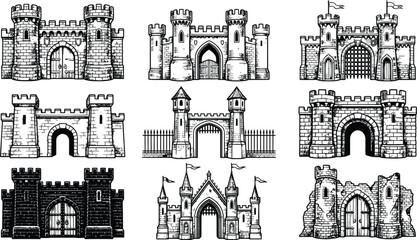 Obraz premium Hand drawn ink sketches of castle gate entrances and fort walls with traditional stone masonry