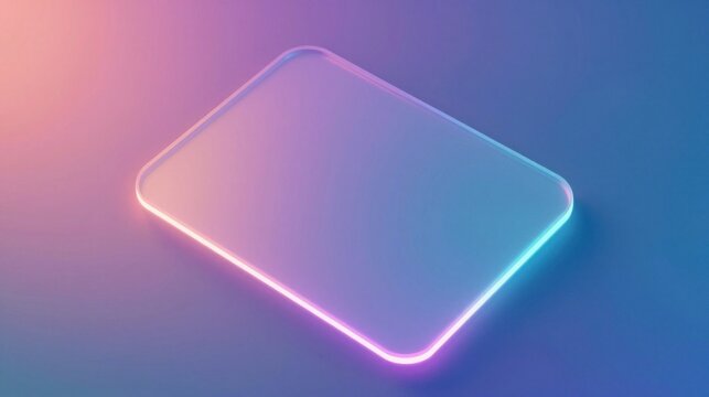 Glowing glass plate with neon light borders on purple background for high tech presentation.