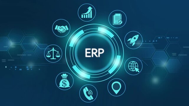 Futuristic erp system interface with business and data flow animation enterprise resource planning business management