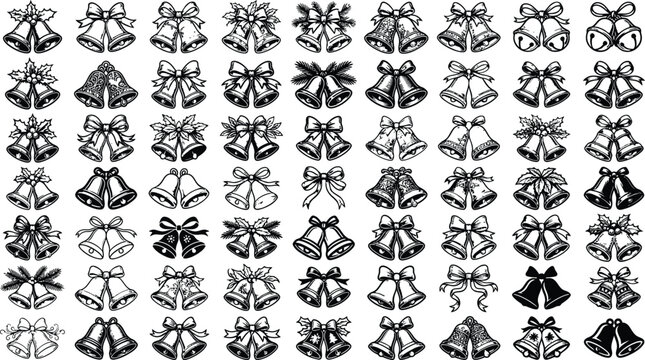 Large set of festive holiday christmas bells with bows and holly berries in vector art