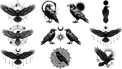 Obraz premium Mystical raven collection with sacred geometry and celestial elements in detailed ink drawing style set