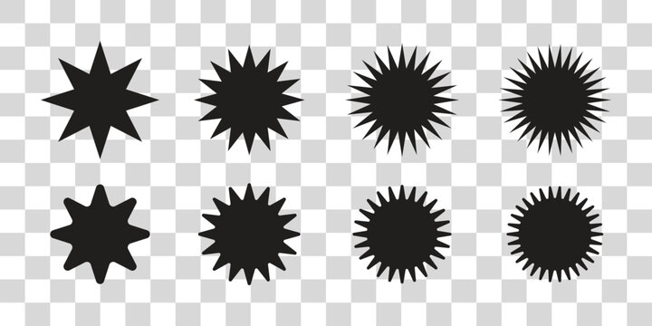 Collection of black starburst shapes with spiky circular badge silhouettes isolated on transparent background. Decorative sunburst design set. Vector emblem elements for labels and branding.
