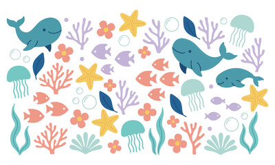 Fototapeta premium Underwater Ocean Animals And Coral Pattern.