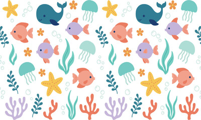 Naklejka premium Whale Fish And Coral Reef Seamless Design.