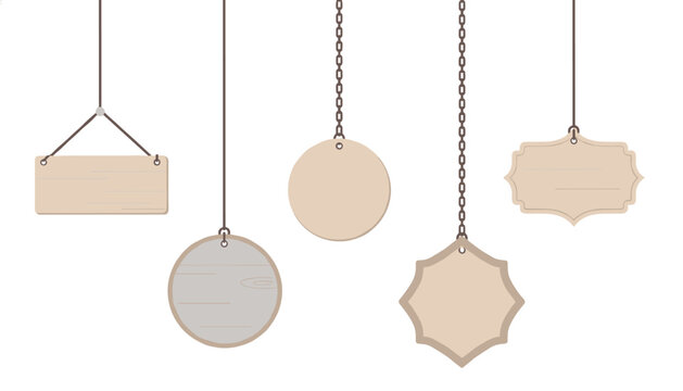 Hanging wooden signage set featuring diverse shapes like rectangles circles and ornate edges suspended by metal chains on clean white background for commercial store display.