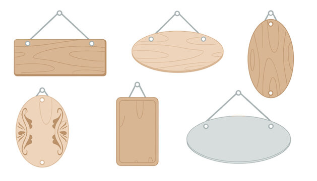 Set of hanging wooden signs in oval, rectangular, and decorative shapes suspended by ropes in a flat clean illustration style for rustic signage themes.