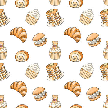 pastry bread seamless pattern vector illustration. Kawaii pancake, croissant, and teddy bear bakery background texture.