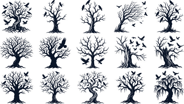 Series of bare winter trees with silhouettes of crows in spooky compositions for seasonal graphic projects