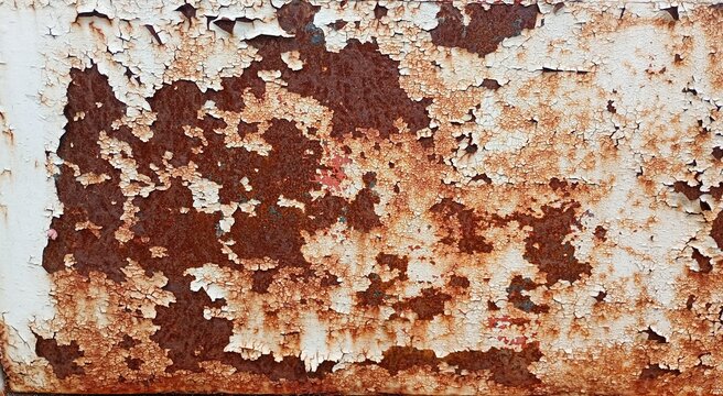 Rust spreads over a weathered metal surface in an industrial area, showing layers of peeling paint and corrosion in bright daylight
