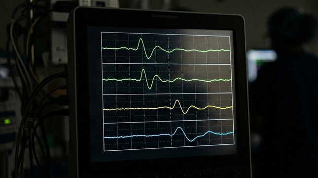 Spinal Cord Monitoring SSEP Waveform Display &mdash; Intraoperative Neurophysiology Screen Close-Up Medical Stock Photo