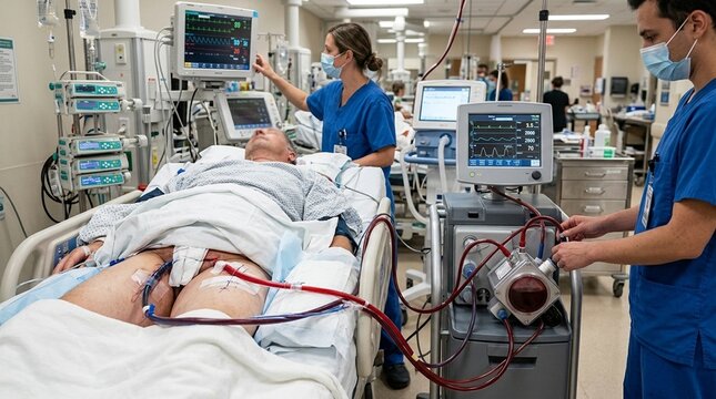 Veno-Arterial ECMO Configuration ICU Critical Care &mdash; Cardiac Support Medical Stock Photography