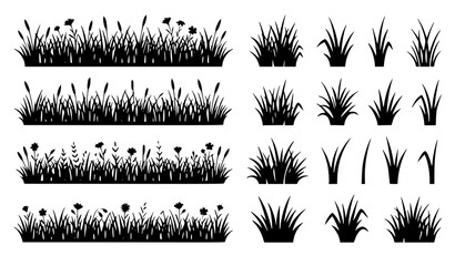 Green Grassland Border and Meadow Silhouette Vector Illustration Set © Shapla