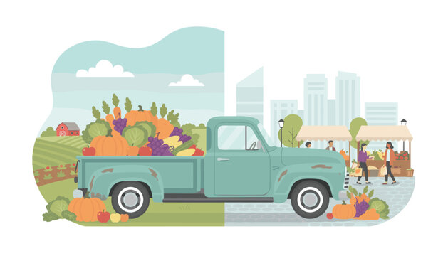 Split composition showing a teal pickup truck transporting fresh produce from a rural farm setting to a bustling city market with stalls and people.