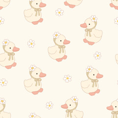 Obraz premium Cute Floral Duck Seamless Pattern, Kawaii Baby Duck Background