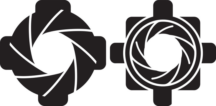 Camera shutter aperture iris icons set in black and white minimalist style with aperture photography photographic equipment