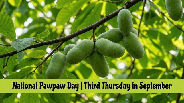 Pawpaw fruits hanging from tree branch on National Pawpaw Day