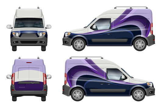 Commercial van vehicle wrap mockup with abstract blue and violet geometric wave design for corporate brand identity branding concept. Side, rear and front view