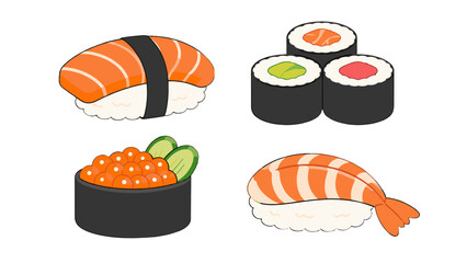 Cartoon sushi set with nigiri, rolls, roe, and shrimp © icon_art
