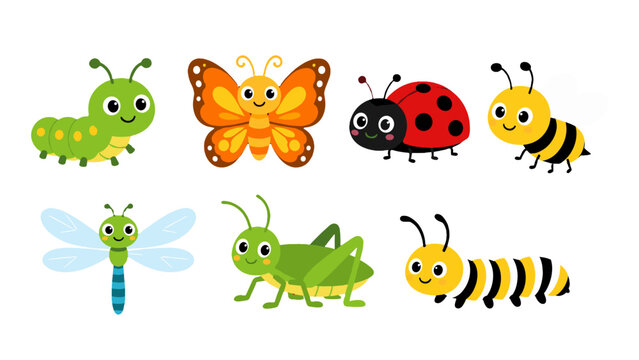 Cute cartoon insect set with butterfly, bee, ladybug and caterpillar