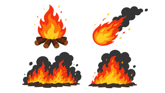 Cartoon fire flames, bonfire and fireball set with smoke