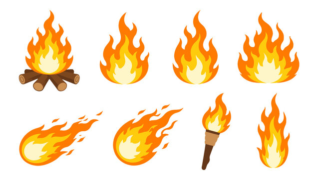 Set of cartoon fire flames, campfire, torch, and fireball icons