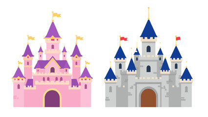 Two cartoon castle buildings with towers and flags © icon_art