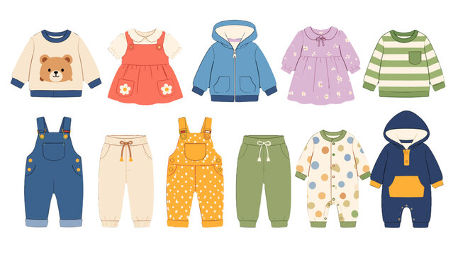 Cute baby and kids clothing set in flat cartoon vector style