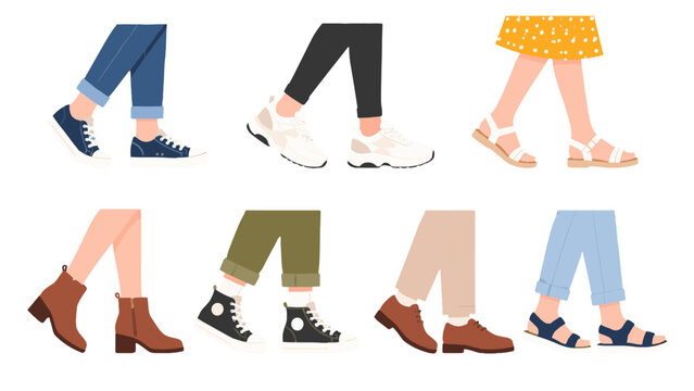 Set of cartoon legs wearing sneakers boots and sandals