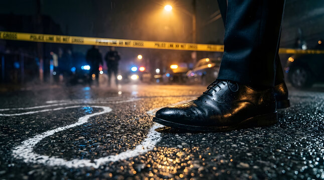 Cinematic low angle shot of a detective standing by a chalk body outline at a rainy night crime scene with blurred police emergency lights and yellow caution tape in the background city.