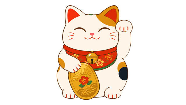 Lucky cat figurine with raised paw and gold coin illustration