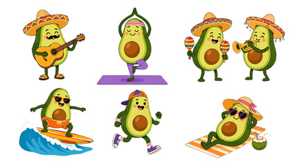 Obraz premium Cute avocado cartoon characters in playful activity set