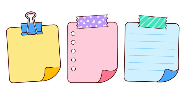 Colorful cartoon sticky note set with clip and tape