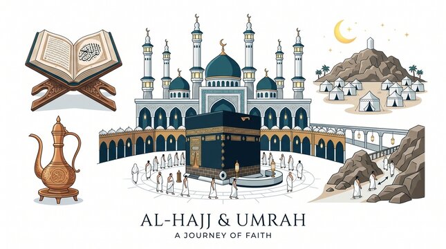 Illustration of Hajj & Umrah pilgrimage, Kaaba at center with pilgrims and sacred motifs, symbolic composition highlighting faith and spiritual journey.