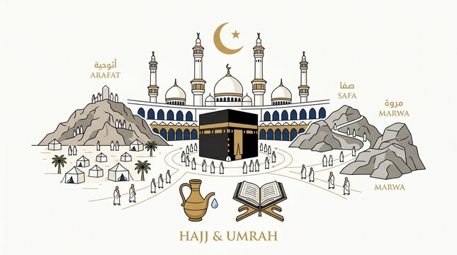 Illustration of Hajj & Umrah pilgrimage, Kaaba at center with pilgrims and sacred motifs, symbolic composition highlighting faith and spiritual journey.