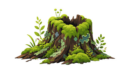 Moss Covered Rotten Tree Stump with Forest Plants Illustration © icon_art