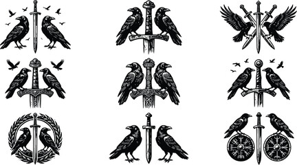 Obraz premium Set of mystic raven and ancient sword symbols in detailed ink drawing style for heraldic design