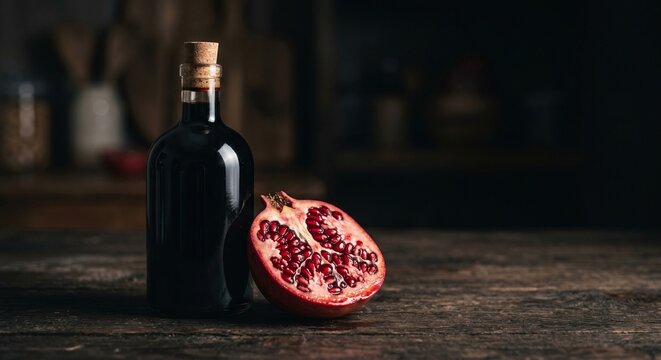 Pomegranate molasses bottle with fresh halved fruit dark moody natural condiment